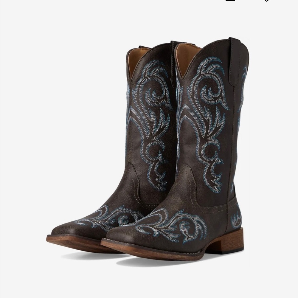 Roper Women’s Dark Brown Western Boots with Blue Embroidery Faux Leather